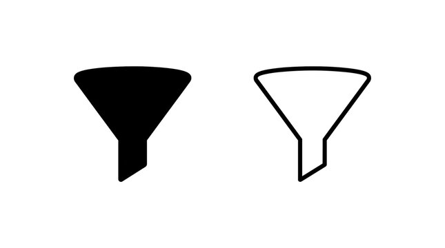 Funnel icon, marketing funnel icon, sales funnel icon with outline and filled versions on transparent background