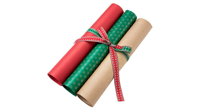 Rolls of festive Christmas gift wrapping paper tied with red and green string isolated on transparent background.