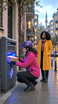 Helmeted courier places cardboard parcel into automated locker as customer waits on wet city street. Delivery worker crouches at glowing pickup compartment, focused on secure contactless collection.