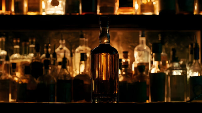 Zero-Proof Spirit Bottle Silhouetted On A Dim Bar Shelf At Night