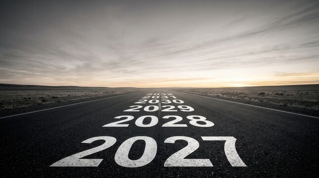 Highway road with year markers from 2027 to 2032 leading toward the horizon, capturing a future planning and progress concept for business strategy and corporate goal setting.