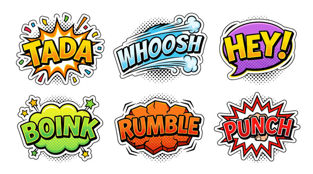 Comic action stickers featuring tada and punch sound effects.