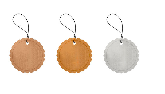 Round metallic hanging tags in copper, bronze and silver with string on transparent background, circular blank labels for gift wrapping, price tags, jewelry packaging, branding and luxury products