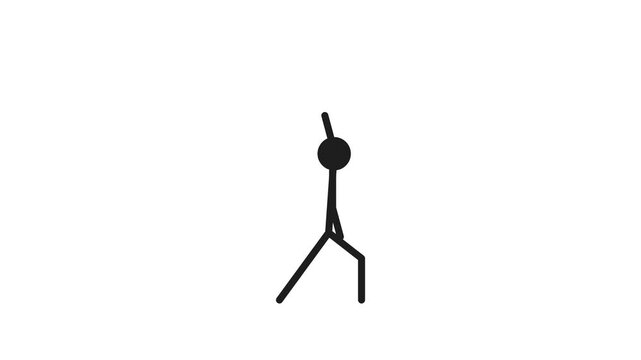 Seamless loop of a minimalist black stick figure taking a kung fu stance, flat monochrome pictogram animation, white background, 4K