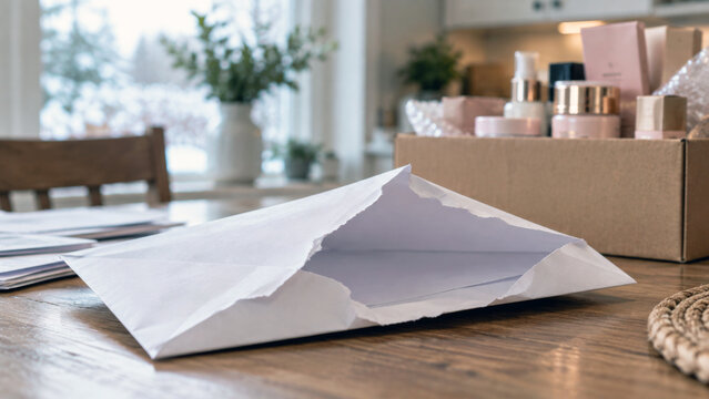 Torn white envelope with a letter inside on a wooden table beside a box of skincare products, home business correspondence and mail concept