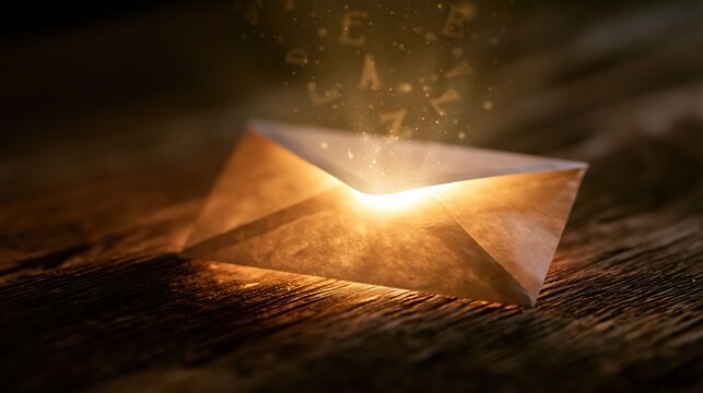 Open envelope glowing with light on dark wooden table, letters floating above