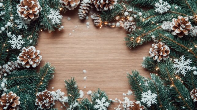 Christmas Pine Wreath Frame with Snowflakes and Pinecones on Rustic Wood