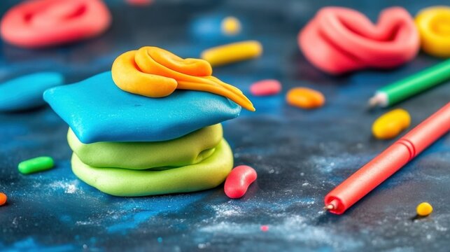 Colorful Clay Crafting Shapes and Creative Tools on Textured Background
