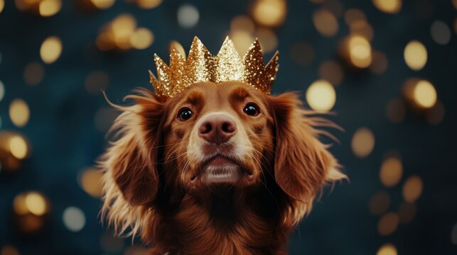 Cute Brown Dog Wearing a Golden Crown for Festive Celebration