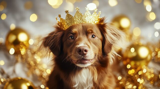 Cute Dog Wearing a Golden Crown for Christmas Celebration