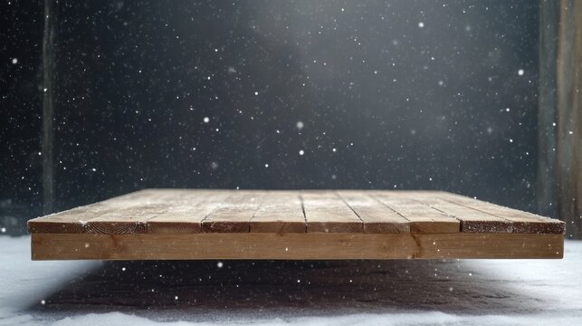 Floating Wooden Platform Under Falling Snow for Product Display