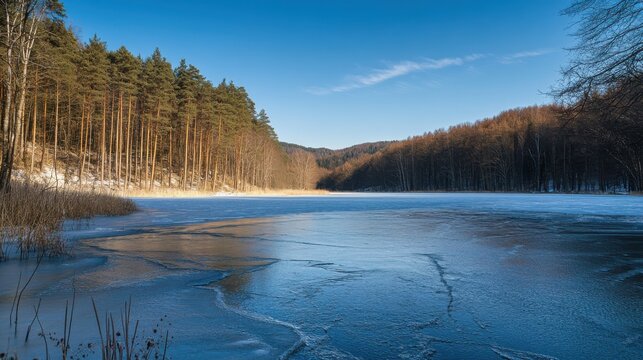 Frozen Lake and Pine Forest in Sunny Winter Landscape