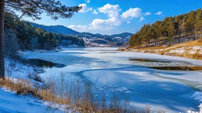 Frozen Lake and Snowy Pine Forest in Sunny Winter Landscape