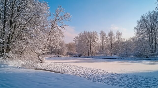 Frozen Pond Surrounded by Snow Covered Trees in a Sunny Winter Landscape