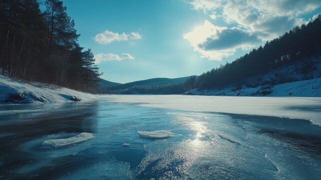 Frozen Winter Lake Scene with Pine Forest and Bright Sunlight