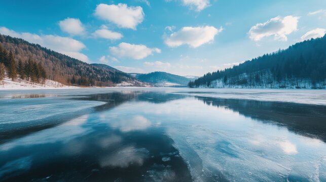 Frozen Winter Lake With Reflective Ice and Snowy Mountain Peaks