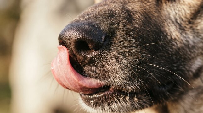 Close up of a dogs wet nose and tongue licking its lips outdoors.