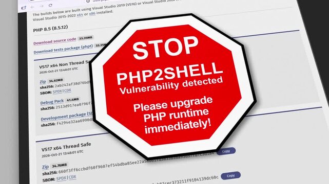 Warning sign about the PHP2SHELL vulnerability of the programming language PHP poppig up on the browser page for PHP. Computer monitor