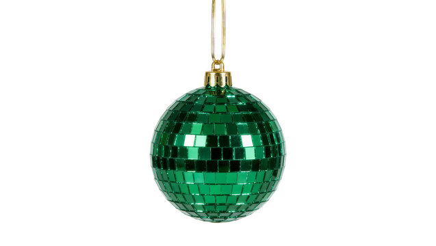Shiny green disco ball ornament with gold cap, isolated on transparent background
