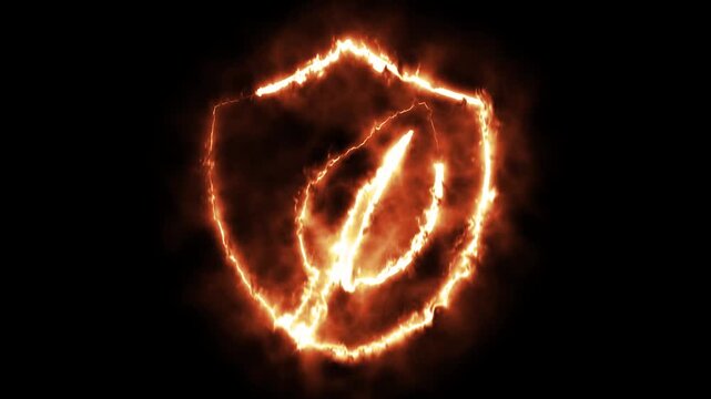Fire leaf shield featuring intense glowing orange flames and burning plasma wave effects moving continuously in a seamless loop 4k animation.