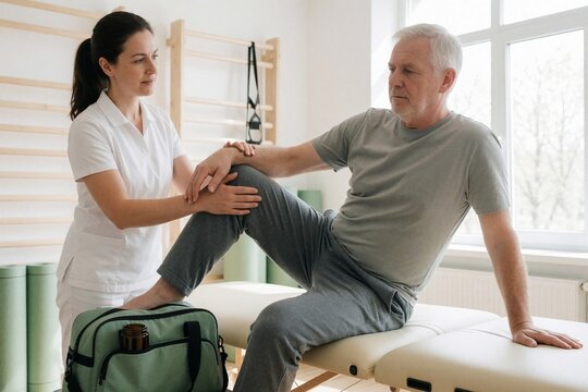 Physiotherapist assisting elderly patient with knee rehabilitation exe