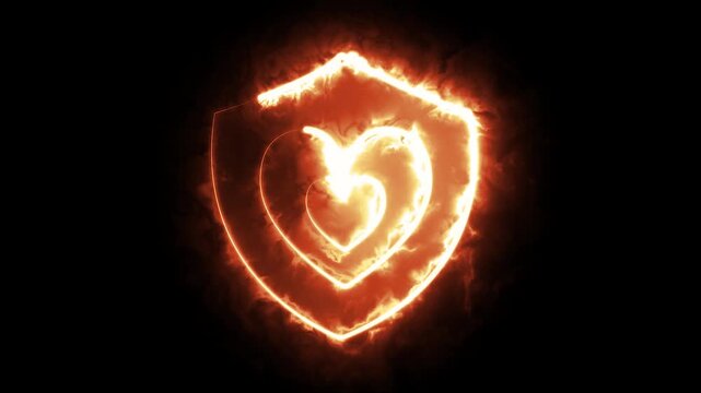 Fire heart shield displaying intense glowing orange flames and burning nested heart symbols moving continuously in a seamless loop 4k animation.