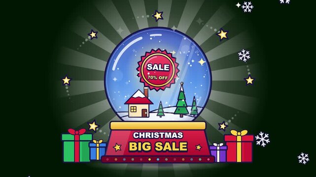 Christmas Big Sale Snow Globe with House and Gift Boxes Animation