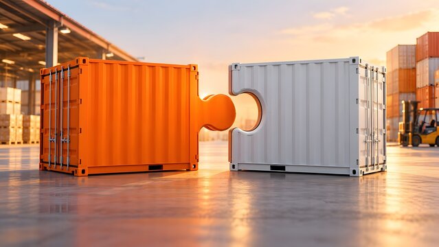 Orange and white interlocking shipping container puzzle pieces optimizing global supply chain integration logistics synergy and freight transport