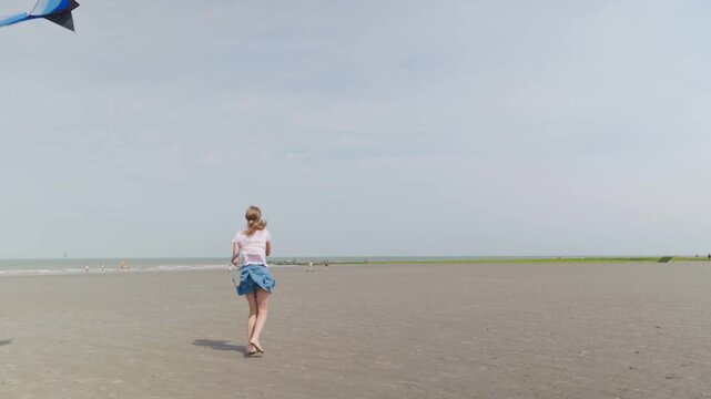 A girl is smiling with a kite on the beach runs along the seashore