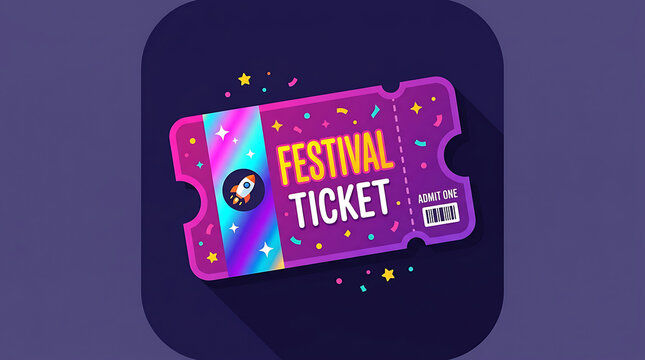 Stylized festival ticket illustration with rocket icon and confetti