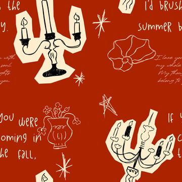 Terracotta Seamless Pattern with Hand-Drawn Candlesticks, Flowers and Stars