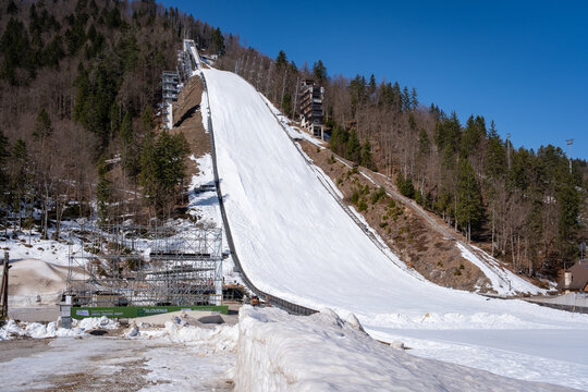 Planica, Slovenia - March 6, 2026: Ski flying hill Letalnica with snow-covered landing slope, judges tower and forest in winter sunlight at Planica Nordic Centre against blue sky