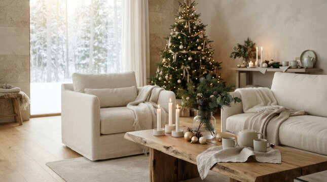 Living room decorated with glowing christmas tree and winter view interior armchair