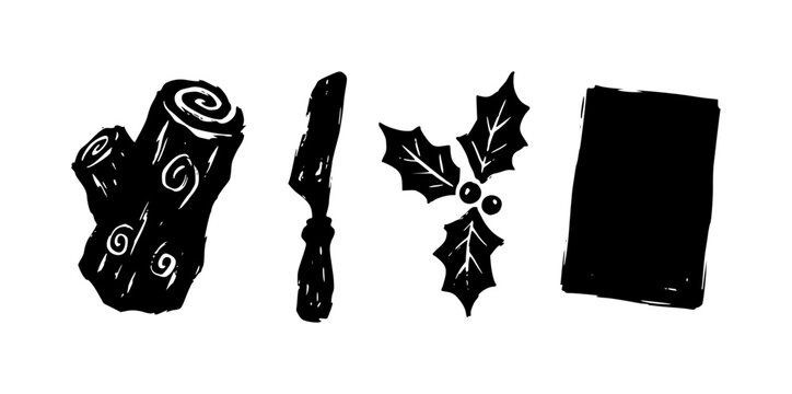 Christmas yule log, knife, holly, and blank card silhouette
