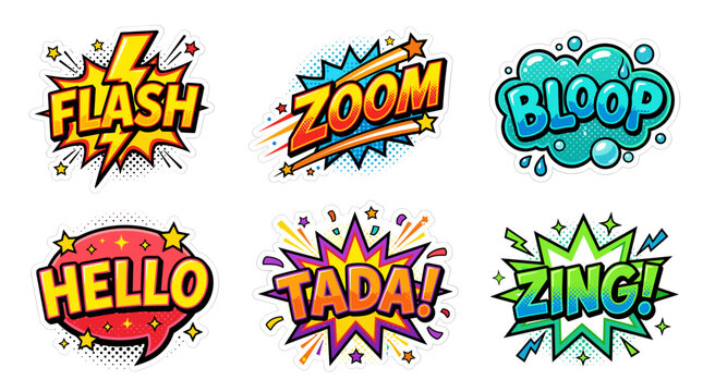 Flash zoom bloop hello tada zing comic speech bubbles.