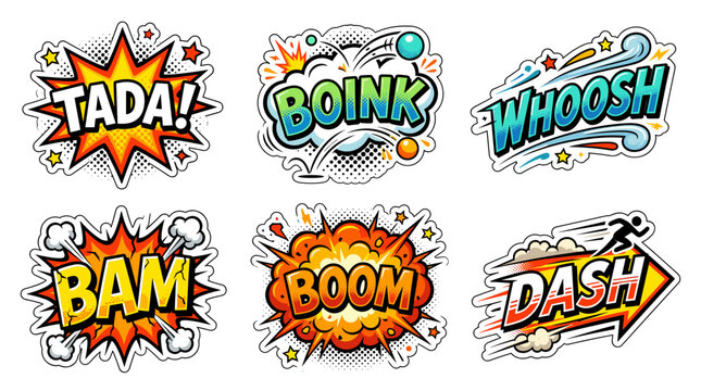 Dynamic comic sound effect stickers featuring tada and boom