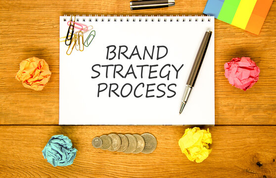 Brand strategy process words symbol. Concept words Brand strategy process on beautiful white note. Beautiful wooden background. Colored paper. Business brand strategy process concept. Copy space.