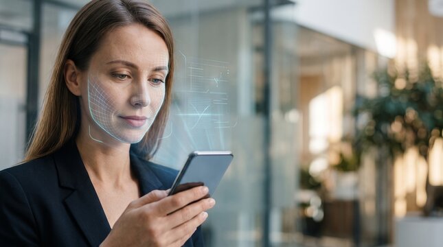 Professional woman using facial recognition technology on her smartphone in a modern office environment.