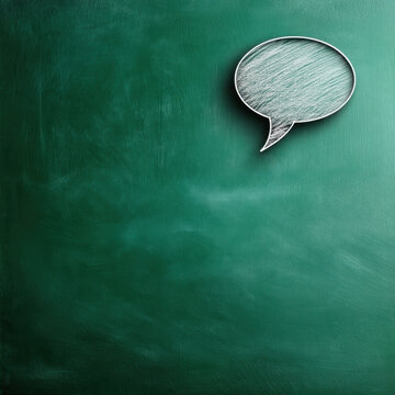 Muted green chalkboard with chalk speech bubble, textured background, simple design, education, communication concept