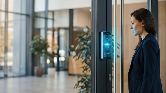 Businesswoman using facial recognition technology to gain secure access to a modern office building.