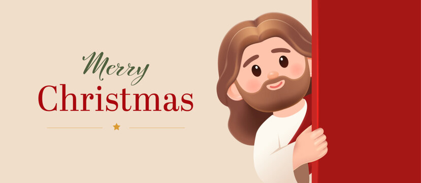 Merry Christmas Greeting Banner with Cute Cartoon Jesus Peeking from Behind a Red Panel on Cream Background, Editable Vector Illustration