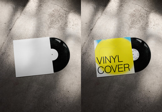 Mockup Of Customizable Vinyl Record Sleeve On Concrete Floor, Top View