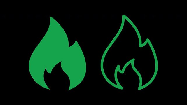 Green flame symbol pairs a solid fire shape with an outlined flame that flickers subtly, high quality video footage for energy, heat, fire safety and industrial warning graphics, flame, flickers