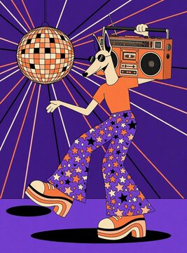 Fun flat illustration of cool dog in sunglasses dancing with retro boombox under disco ball