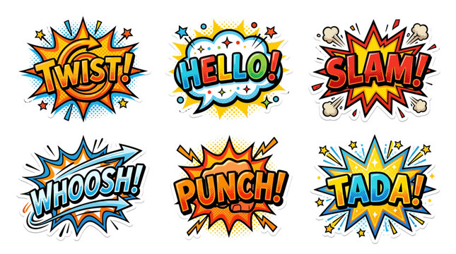 Comic book stickers featuring Twist Slam and Tada expressions.