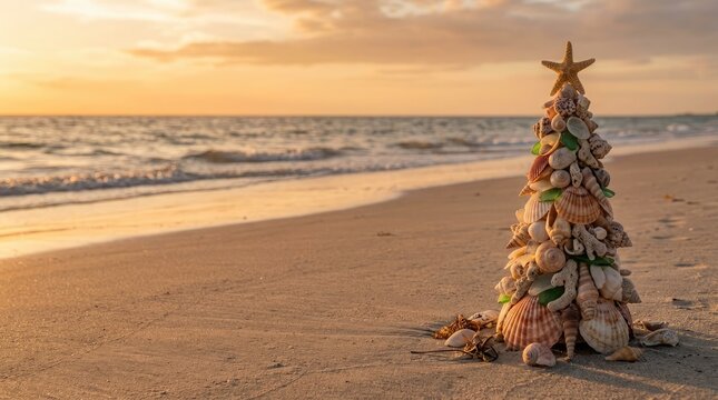 Decorative seashell christmas tree placed on sand near ocean waves at sunset with copy space