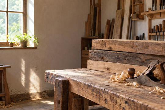 Reclaimed timber and hand tools in a small woodworking workshop