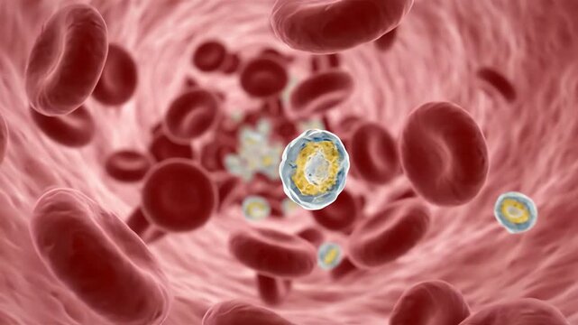 Omega-3 fatty acid molecules flowing smoothly through a human blood vessel, surrounded by realistic red blood cells moving naturally with the bloodstream