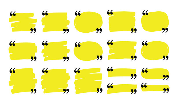 Yellow quotation mark doodles are arranged in a grid pattern on a white background marks scribbles sketch handdrawn bright graphic design repeat isolated simple minimal