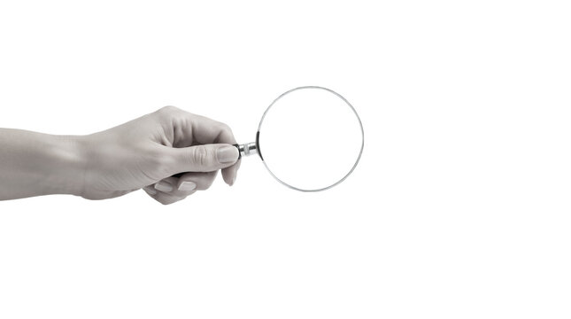 Hand holding a magnifying glass in black and white style isolated on a clean white background